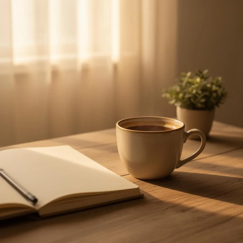 Xícara de café fumegante sobre mesa de madeira, com caderno aberto e luz suave da manhã