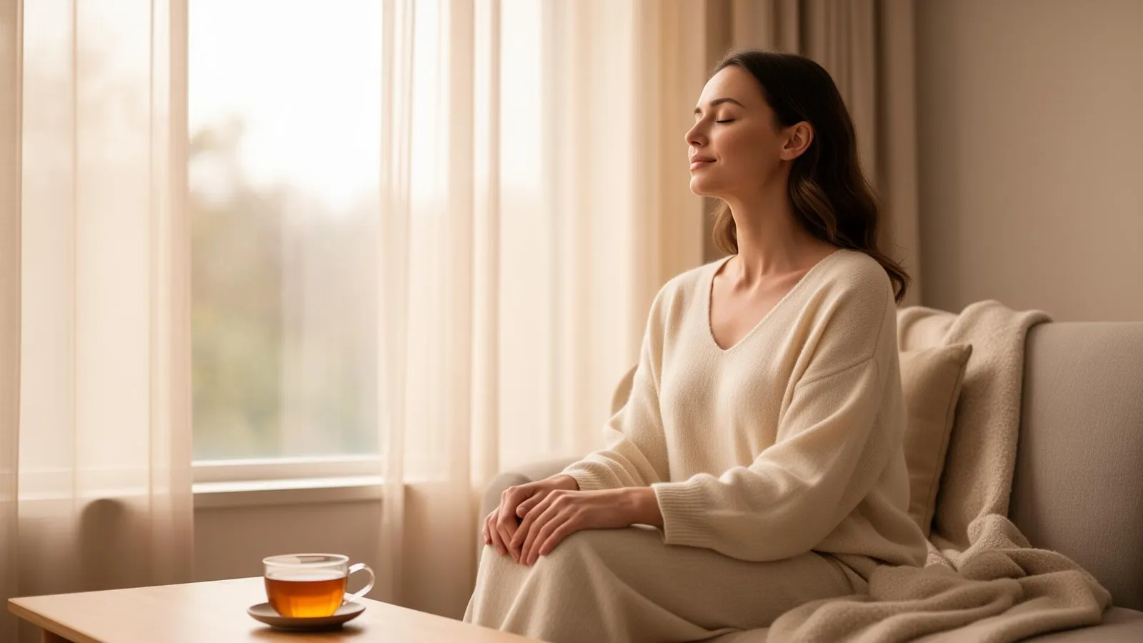 Mulher meditando em um jardim tranquilo, representando paz interior e equilíbrio emocional