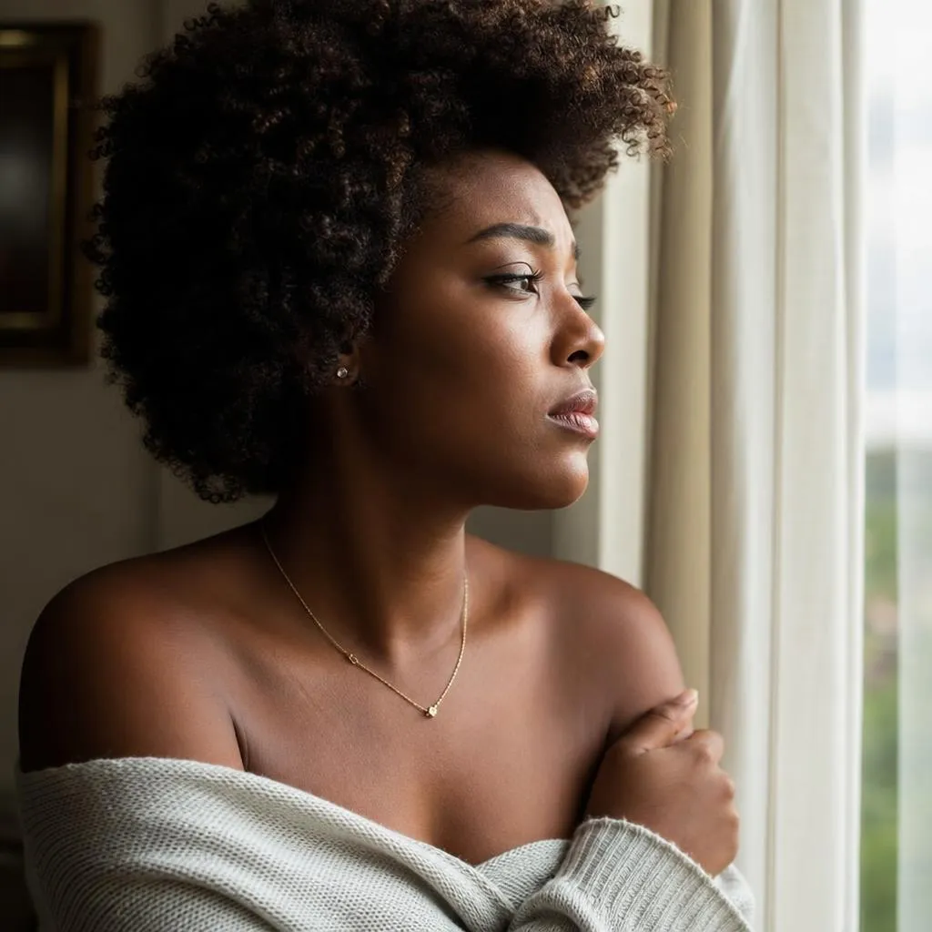 Mulher negra em perfil, olhando pela janela com expressão de solidão e necessidade de acolhimento emocional