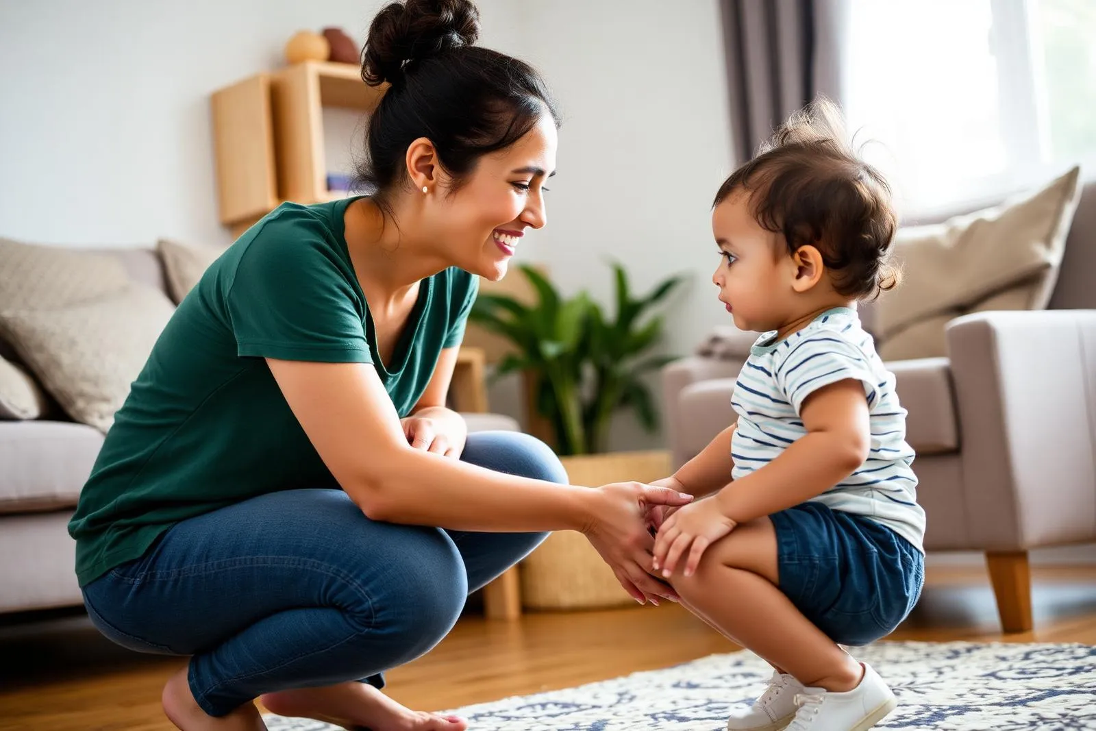 Mãe conversando com filho no nível dos olhos