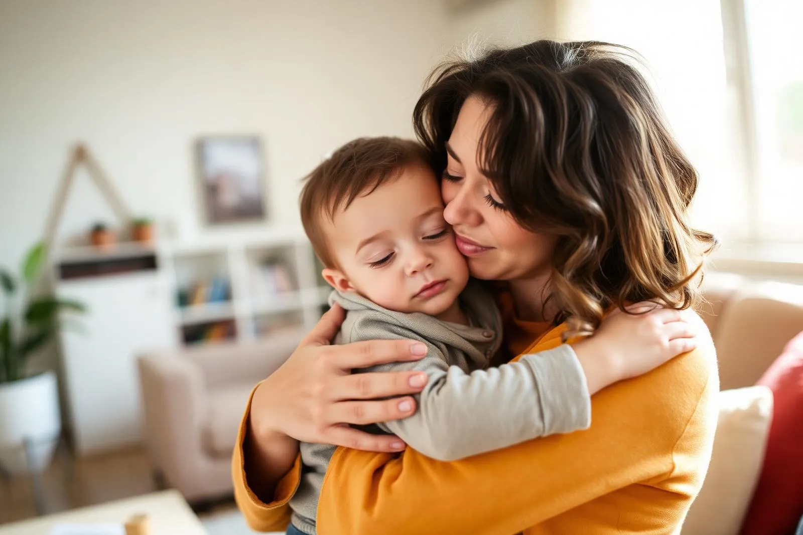 Mãe abraçando filho pequeno com carinho