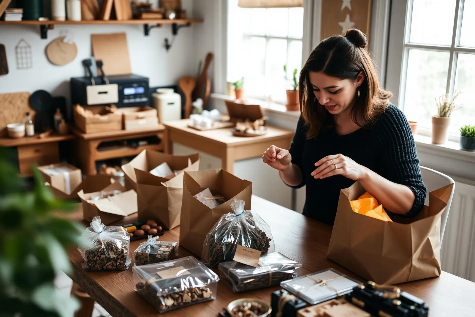 Mulher empacotando produtos artesanais em cima da mesa