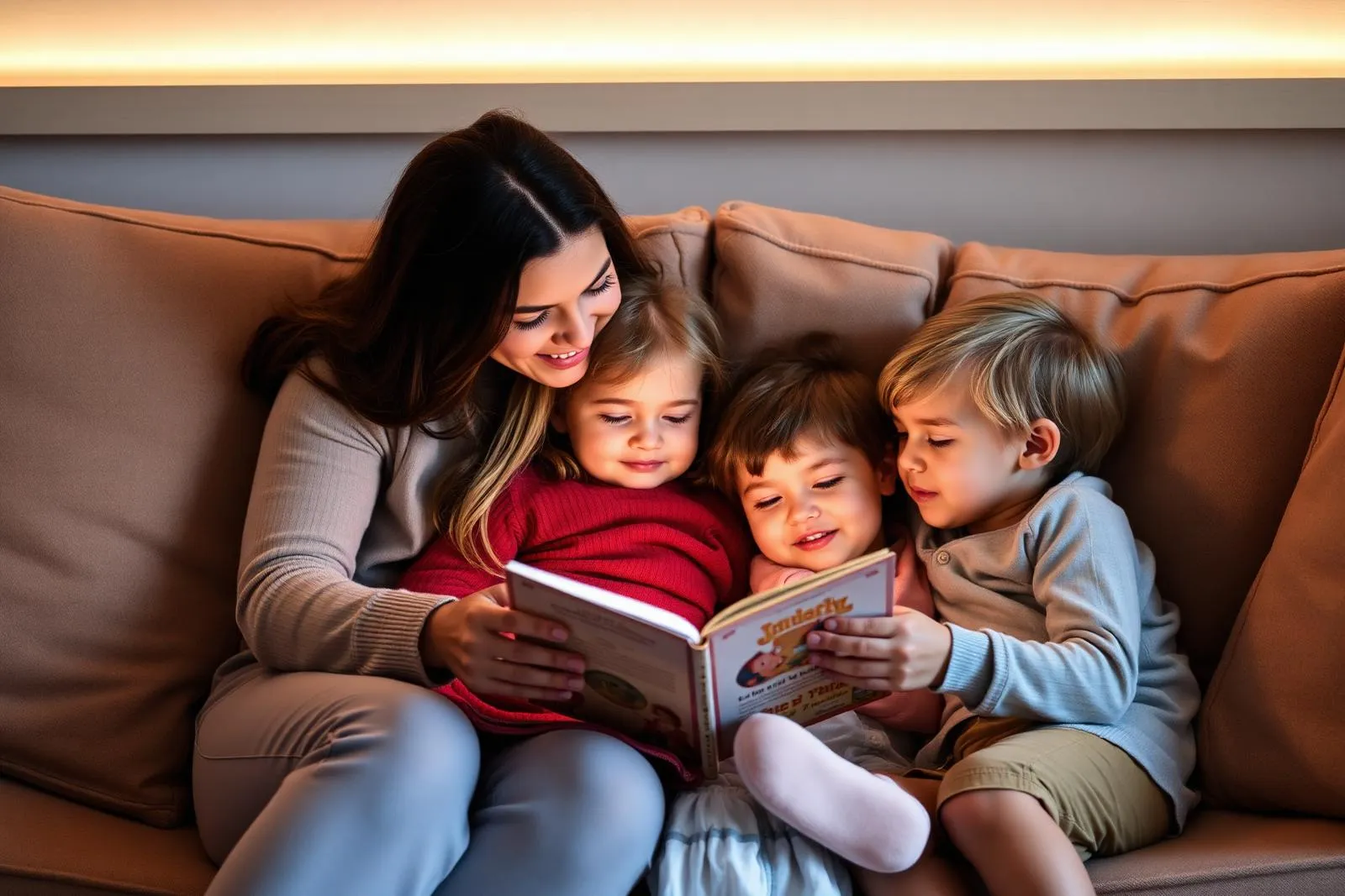 Mãe lendo livro com dois filhos no sofá