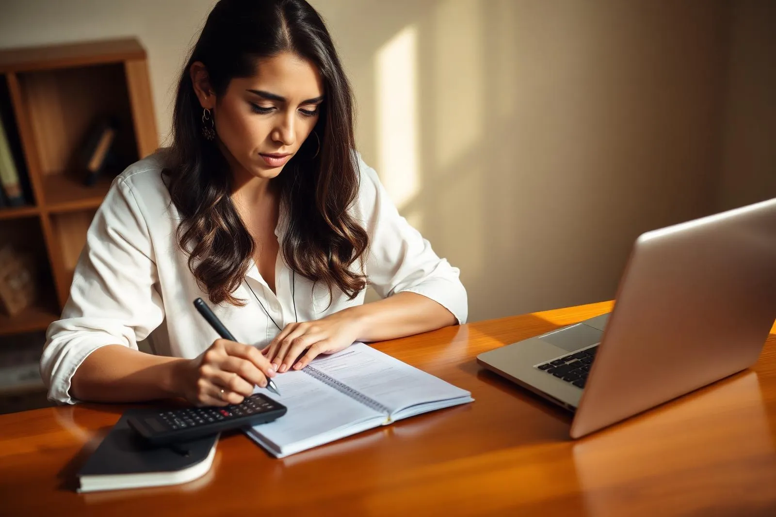 Mulher fazendo controle financeiro com caderno e calculadora