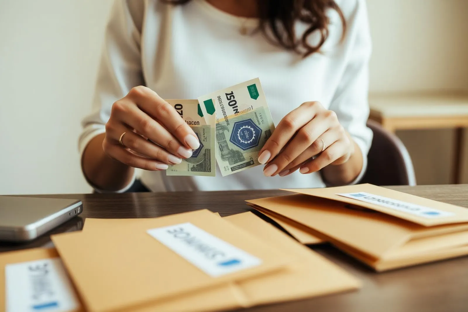 Mulher organizando cédulas em envelopes