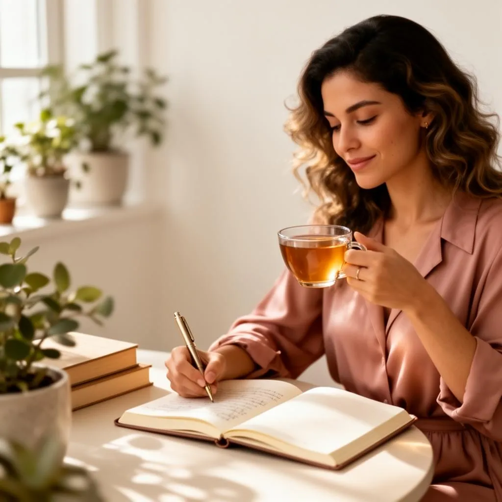 Mulher serena escrevendo em um caderno com uma xícara