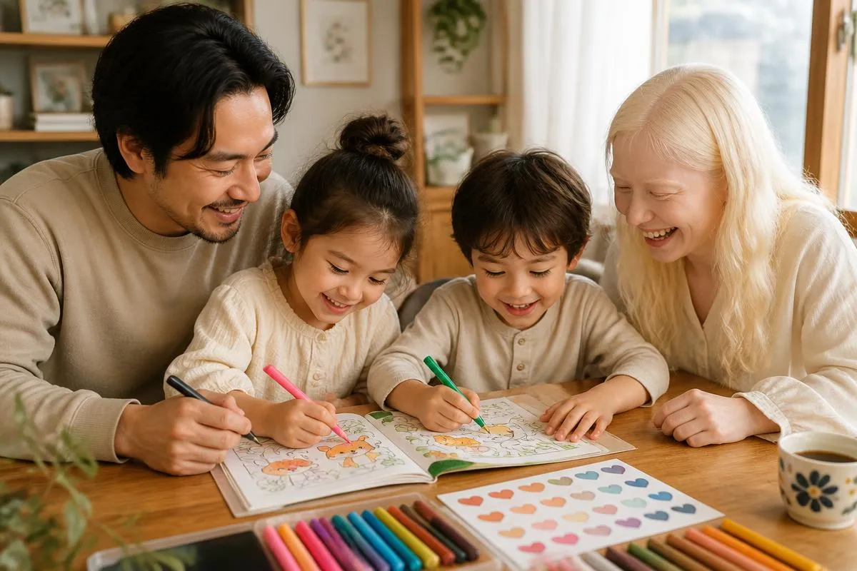 Pai, mãe, filha e filho colorindo juntos em uma mesa com canetinhas coloridas e um livro de colorir