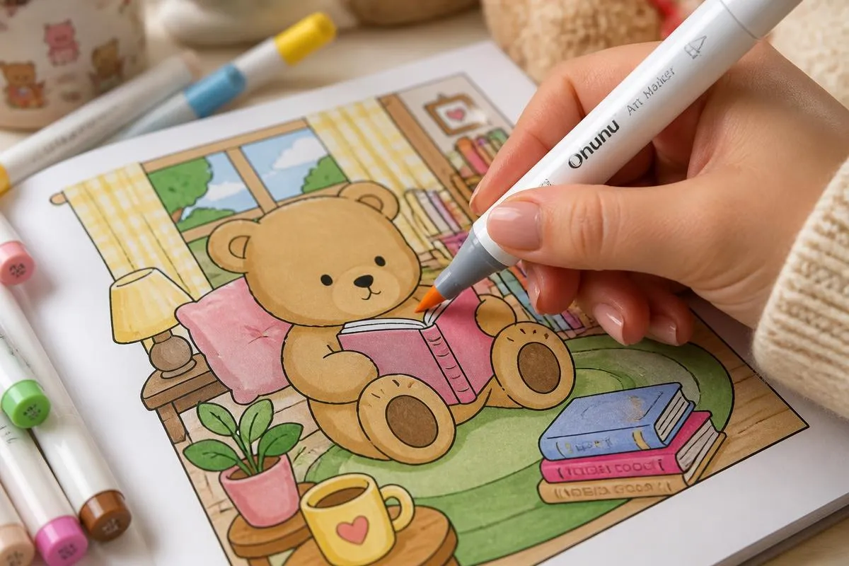 Mão segurando um marcador de ponta pincel colorindo um desenho fofo em um caderno de colorir