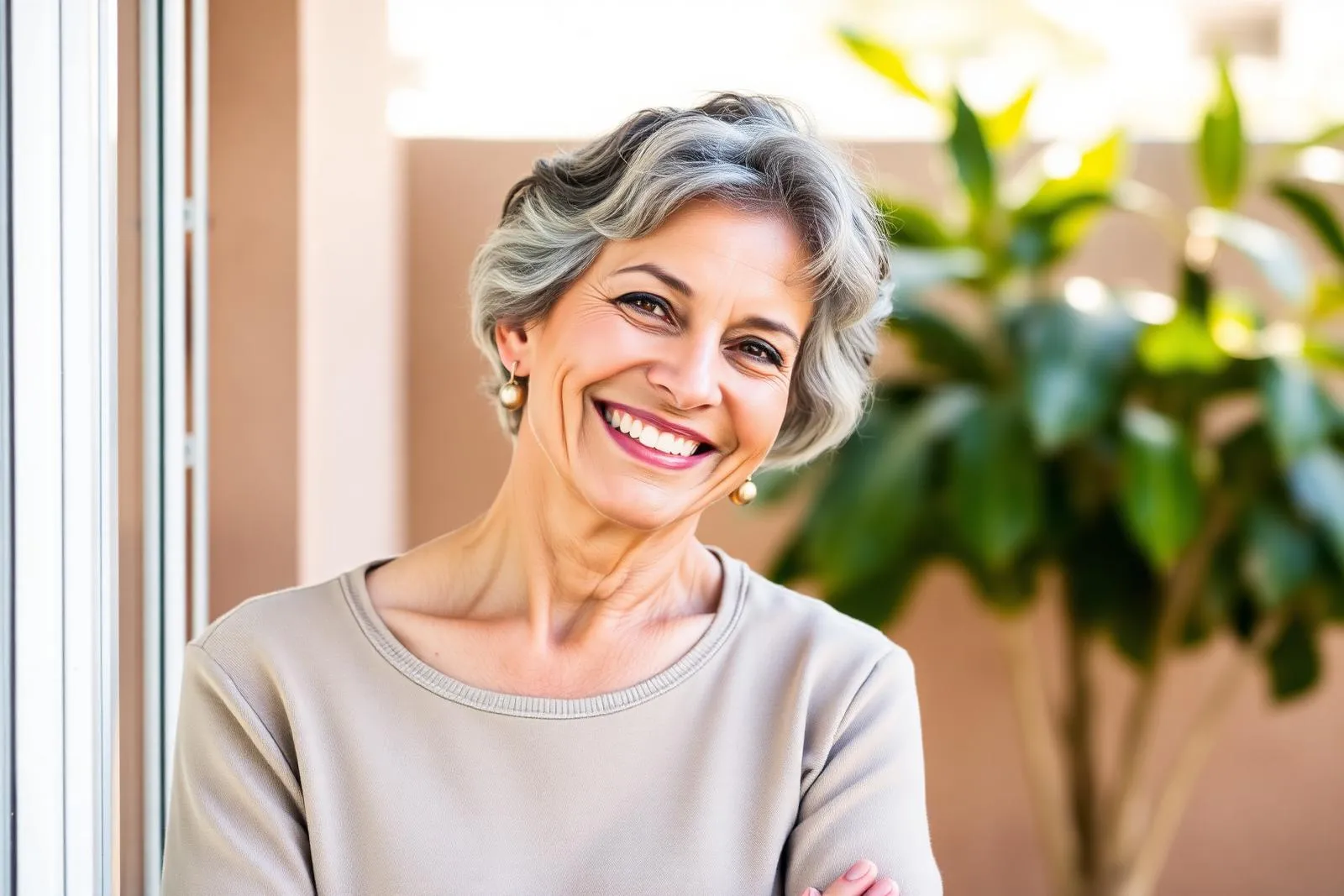 Mulher madura sorrindo confiante perto da janela