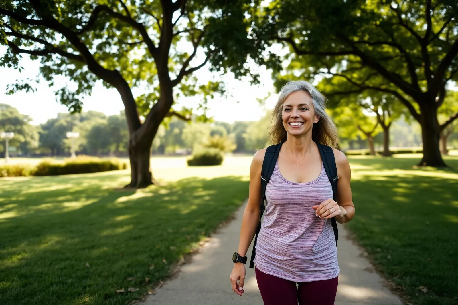Mulher madura caminhando ao ar livre em um parque