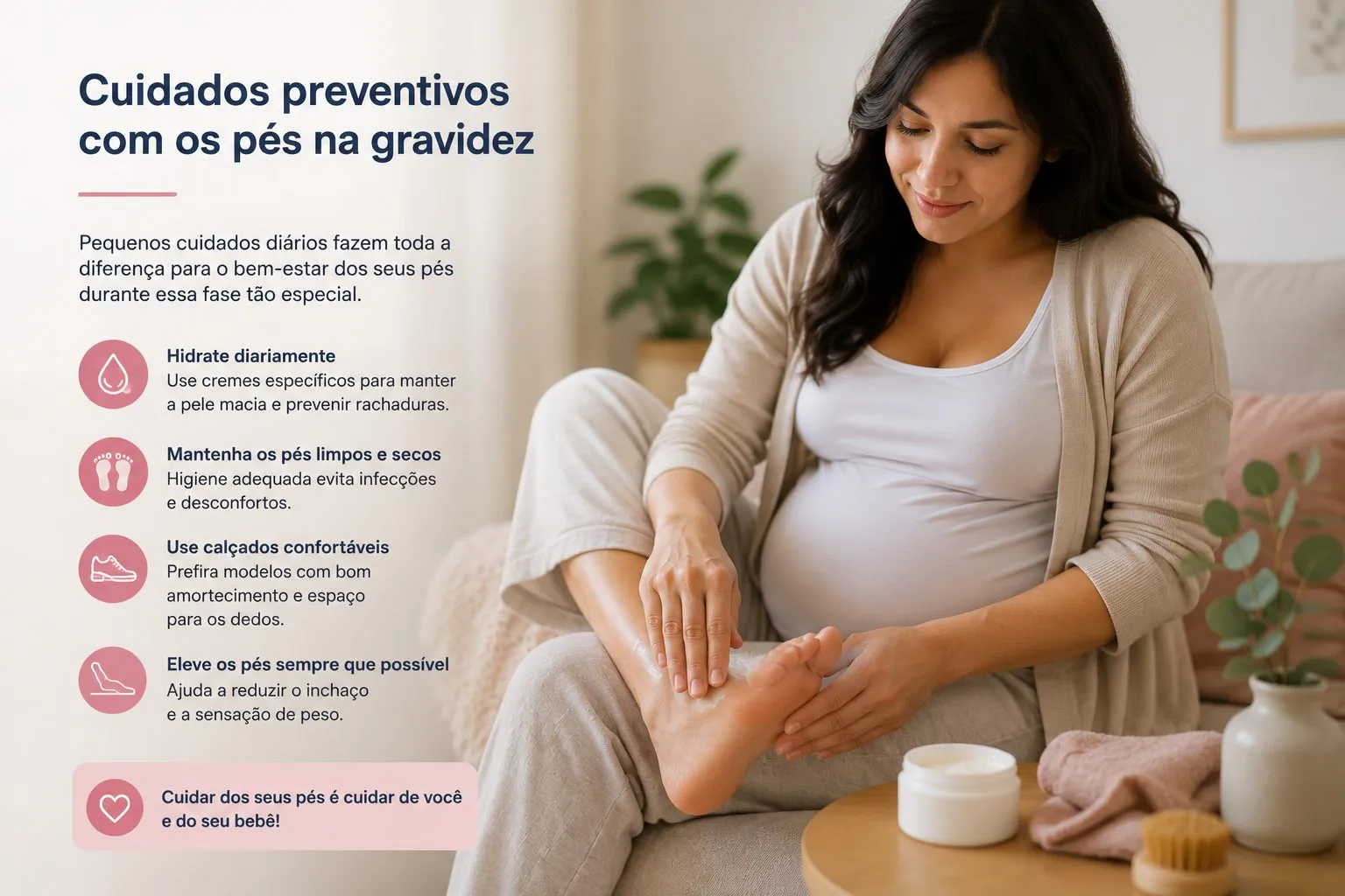 Infográfico com cuidados preventivos com os pés na gravidez: hidratar diariamente, manter os pés limpos e secos, usar calçados confortáveis e elevar os pés