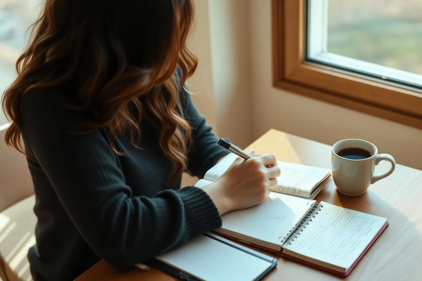 Mulher escrevendo em planner com café pela manhã