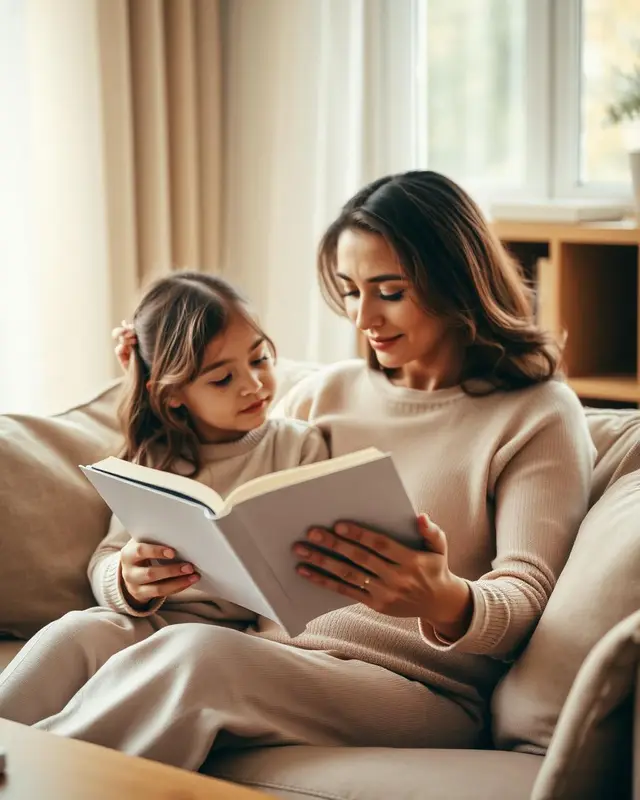 Mãe lendo com a filha no sofá, ambiente acolhedor