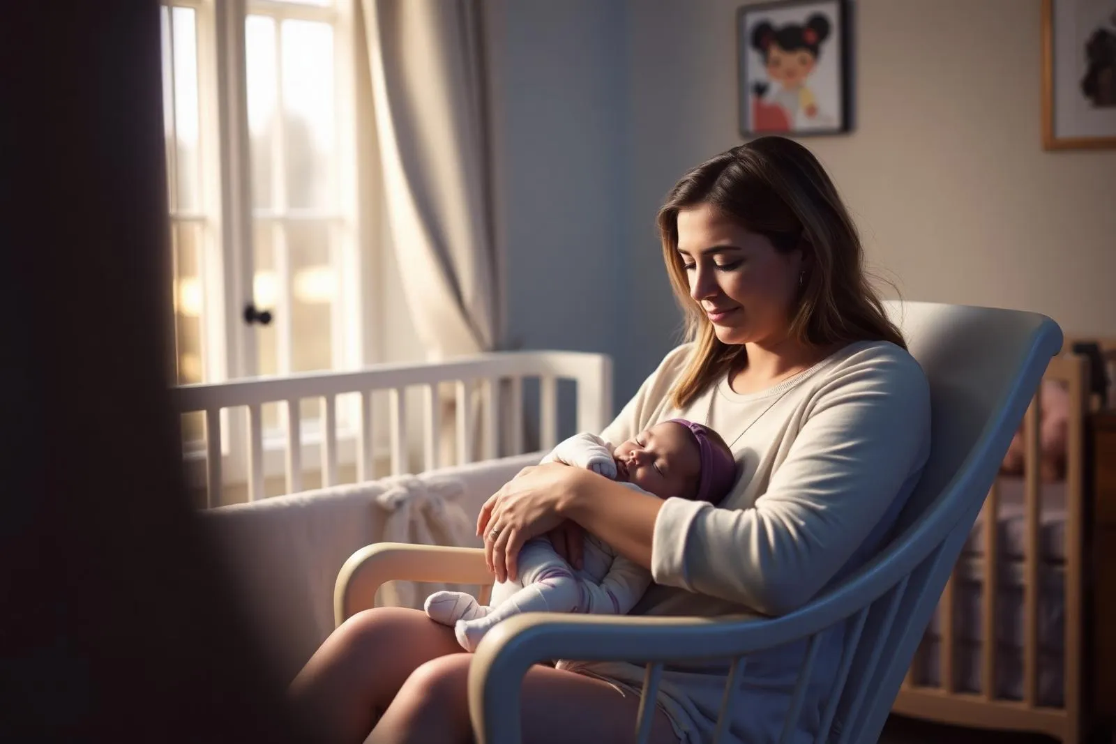 Mãe embalando bebê para dormir em quarto suave