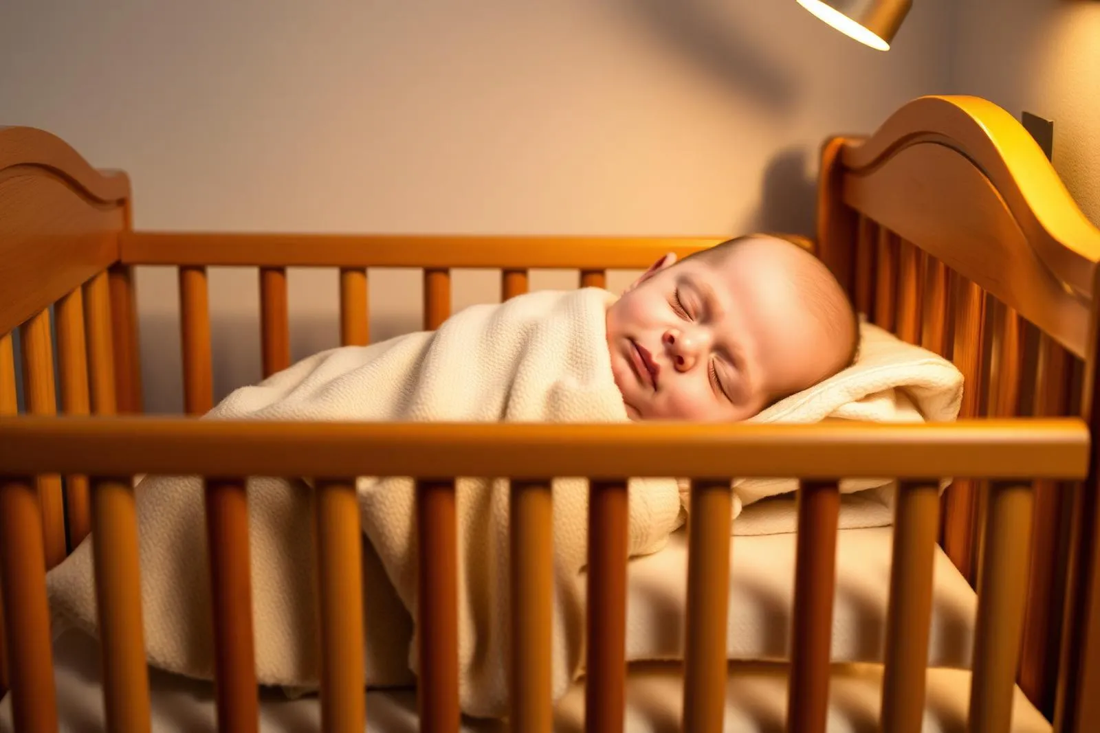 Bebê dormindo tranquilo em berço com luz suave