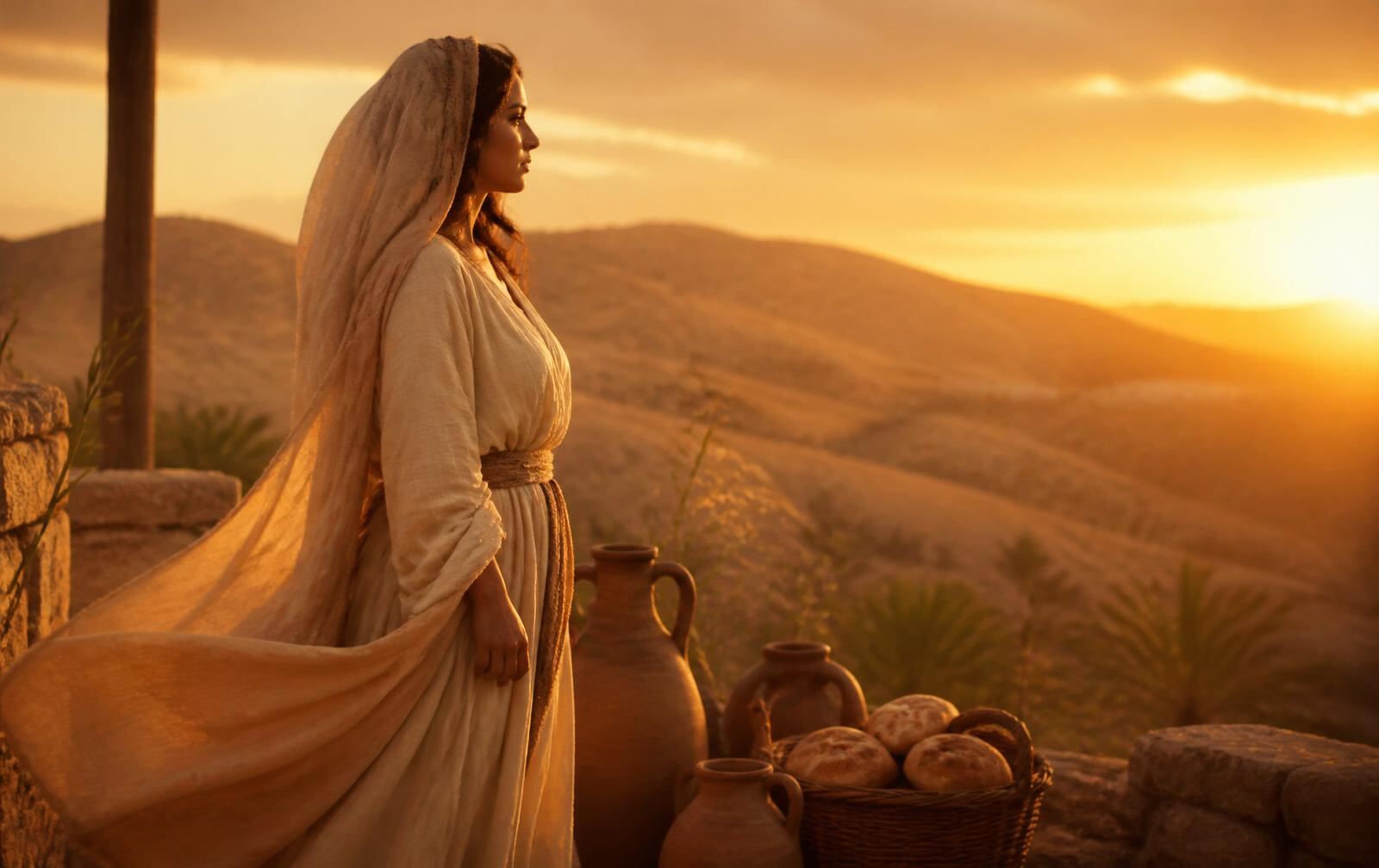 Mulher de vestes claras ao pôr do sol em paisagem bíblica, com jarros e cesto de pães ao lado