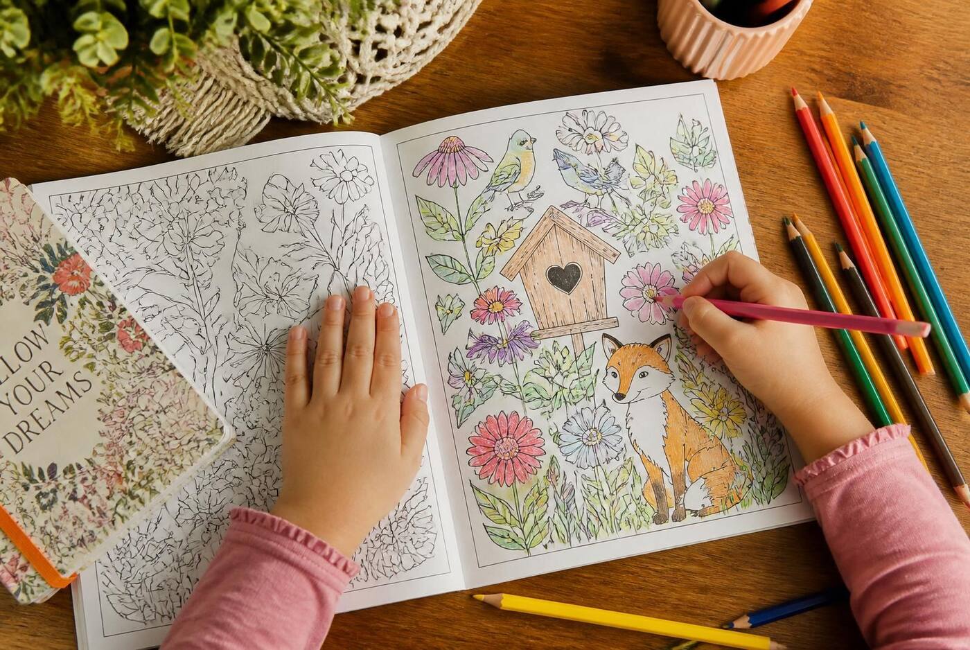 Criança colorindo um livro de desenhos com lápis de cor sobre a mesa