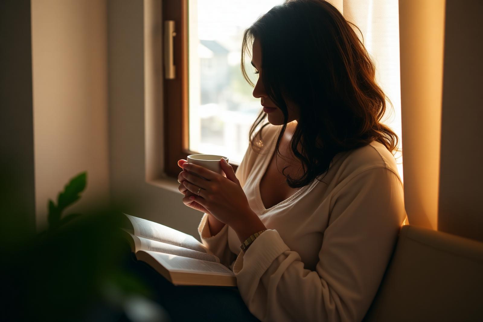 Ambiente devocional acolhedor com Bíblia NVI, café quente e luz natural, estética premium Pensar com Propósito