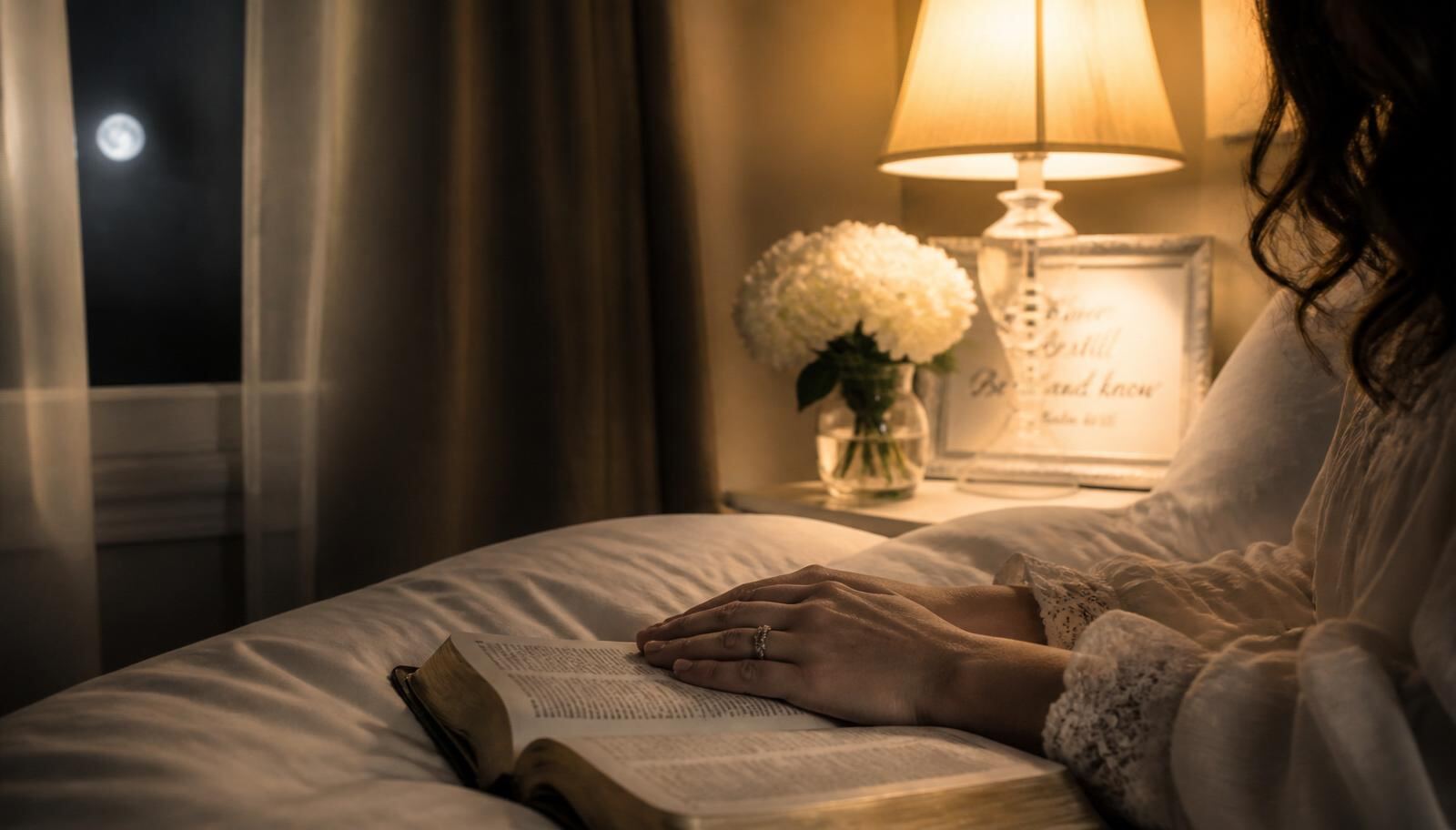 Mãos femininas repousando sobre uma Bíblia aberta na cama, à luz suave do abajur, cena de oração antes de dormir