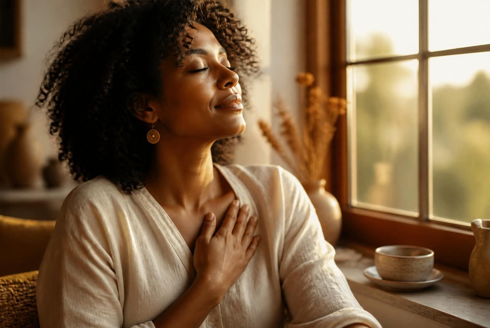 Mulher em momento de introspecção e serenidade, simbolizando saúde emocional e propósito